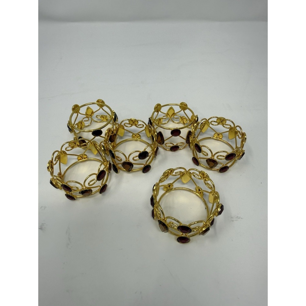 6 Pier One Imports Jeweled Napkin Rings Red & Amber Set In Gold‎ Tone Metal